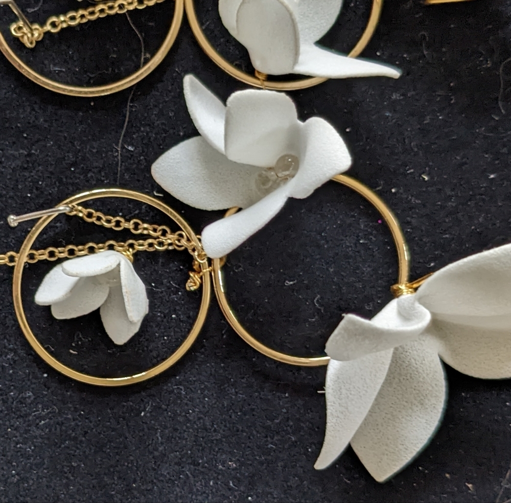 Custom Hanging White Floral Gold Earrings - Picture 7 of 8